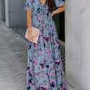 BLENCOT Womens Casual Boho Floral Printed V Neck Short Sleeve Long Evening Dress Ruched Cocktail Party Maxi Wedding Dress (Blue, XL)