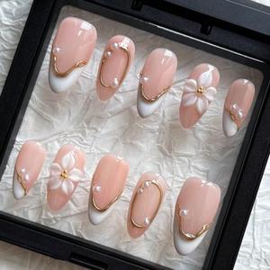 Press On Nails MAGLFELL Handmade Almond Spring Fake Nails, 3D Carving Floral and Pearl Design,10 Pcs Reusable Acrylic Fingernail Tip Salon Artificial Nails (Size M)