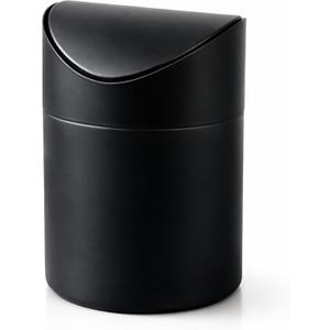 Small Mini Trash Can with Lid, Matte Black Tabletop Garbage Can, Tiny Countertop Trash Can for Coffee Bar & Office Desk, Premium Metal Swing Top Waste Bin for Makeup Vanity, 1.5 L/0.40 Gal (Black)