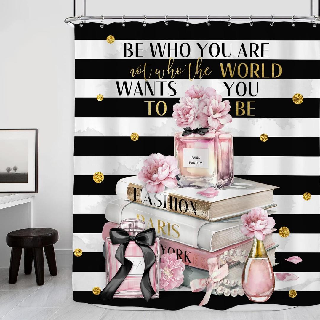 Riyidecor Pink Shower Curtain for Bathroom60Wx72H Inch Black and PinkFashion Designer Cute Shower CurtainsModern Women Girly Stripe Flower Bathroom Decor Fabric Polyester Waterproof Pack of 12 Hooks