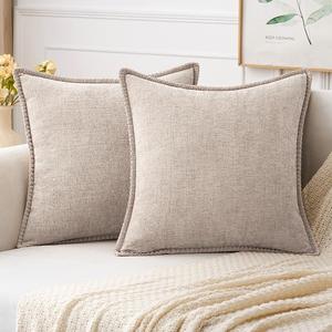MIULEE Pack of 2 Couch Throw Pillow Covers 18x18 Inch Natural Beige Farmhouse Decorative Pillow Covers with Stitched Edge Taupe Soft Chenille Solid Dyed Pillow Covers for Sofa Bed Living Room