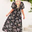 Dokotoo Womens Dresses 2025 Square Neck Tie Backless Summer Dresses Cap Sleeve Floral Buttoned Empire Waist Maxi Dress (L)