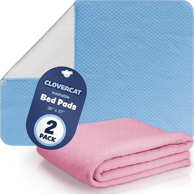 [Upgrade] CLOVERCAT 2 Pack Large Size 35x27” Bed Pads Washable Waterproof Mattress Protector, Reusable Incontinence Pee Pads for Bed Wetting Toddlers, Adults, Elderly, Women or Kids, Children