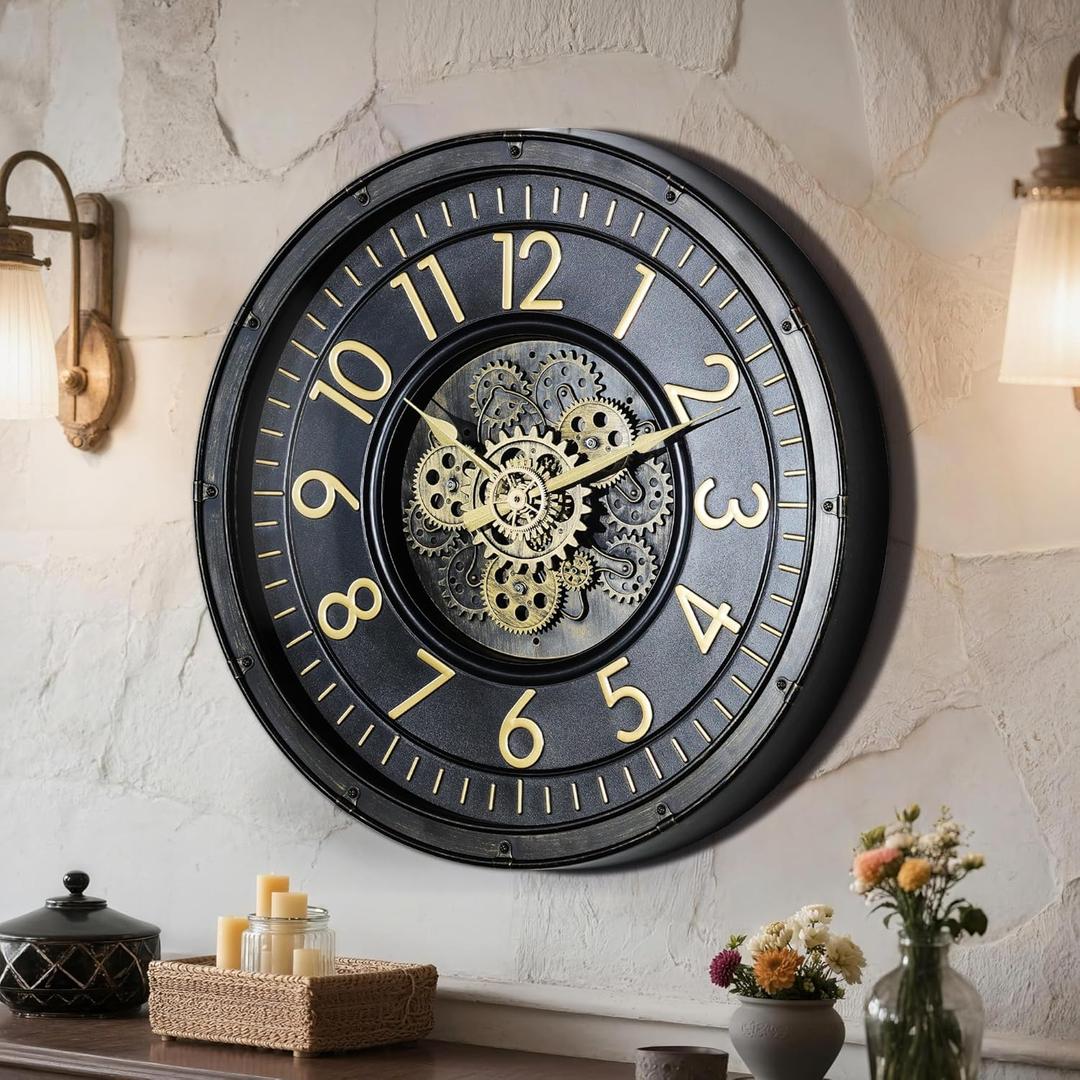 AYRELY 24IN Decorative Moving Gear Large Wall Clock, Oversized Industrial Steampunk Gears, Big Numerals Wall Clock for Modern Living Room Decor (Black)