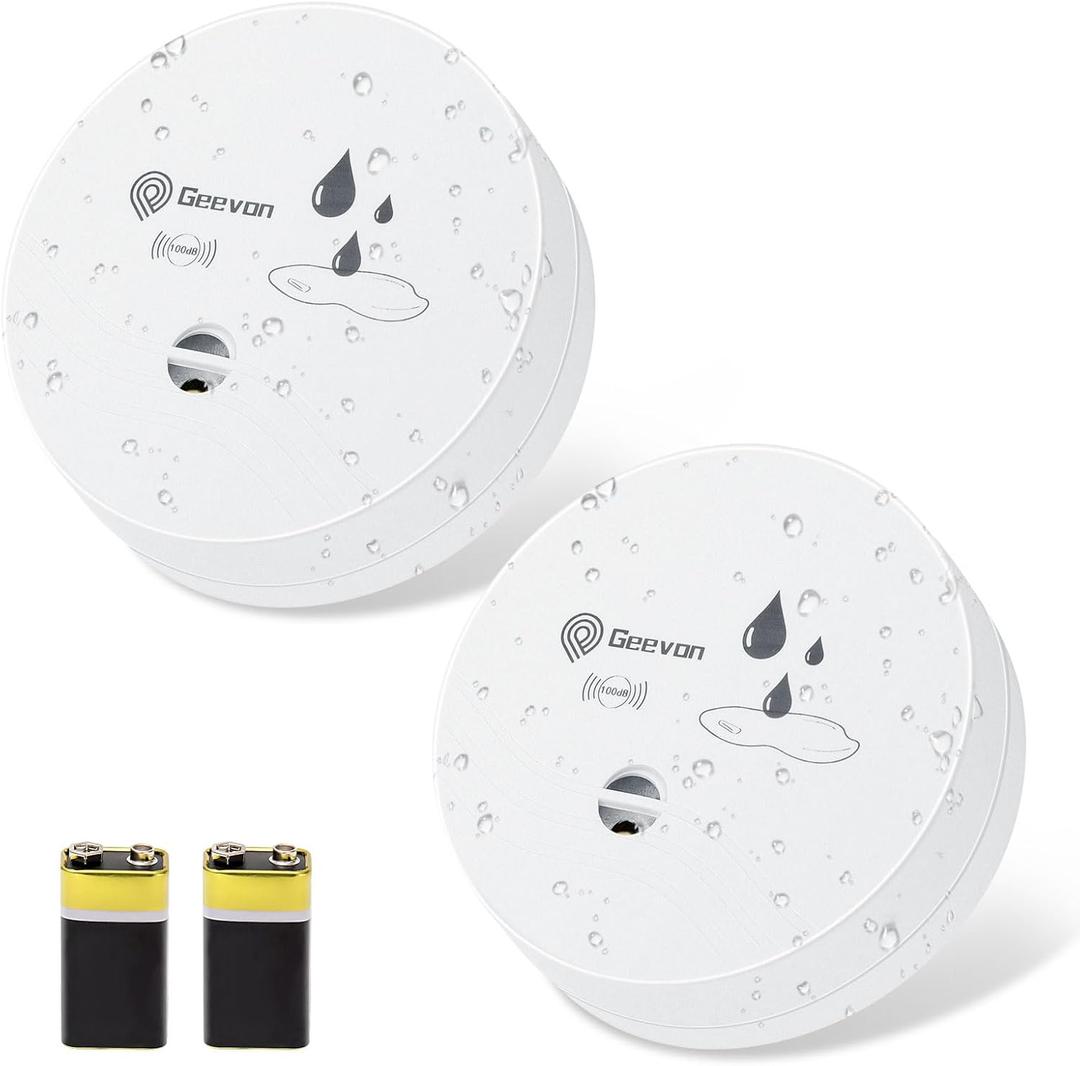 Geevon 2 Pack Water Leak Detectors, 100dB Water Sensor Alarms Flood Detector for Basements, Bathrooms, Laundry Rooms, Kitchens, Garages, and Attics, Water Alarms Battery-Operated (Battery Included) (White)