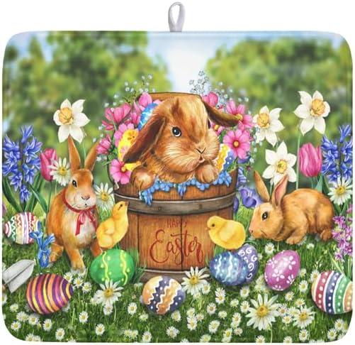 Easter Bunnies Eggs Dish Drying Mat for Kitchen Counter,Spring Colorful Flowers Drying Mat 16 x 18 Inch with High Absorbent Microfiber Drainer Mat for Coffee Bar