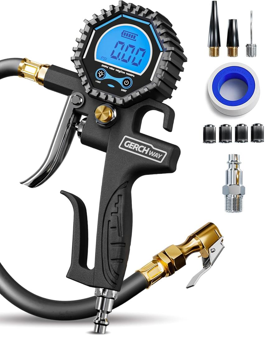 GERCHWAY Digital Tire Pressure Gauge with Inflator (3-200 PSI), Heavy Duty Air Chuck and Compressor Accessories with Swivel Air Chuck, Longer Hose, Large Display (0.1 Res)