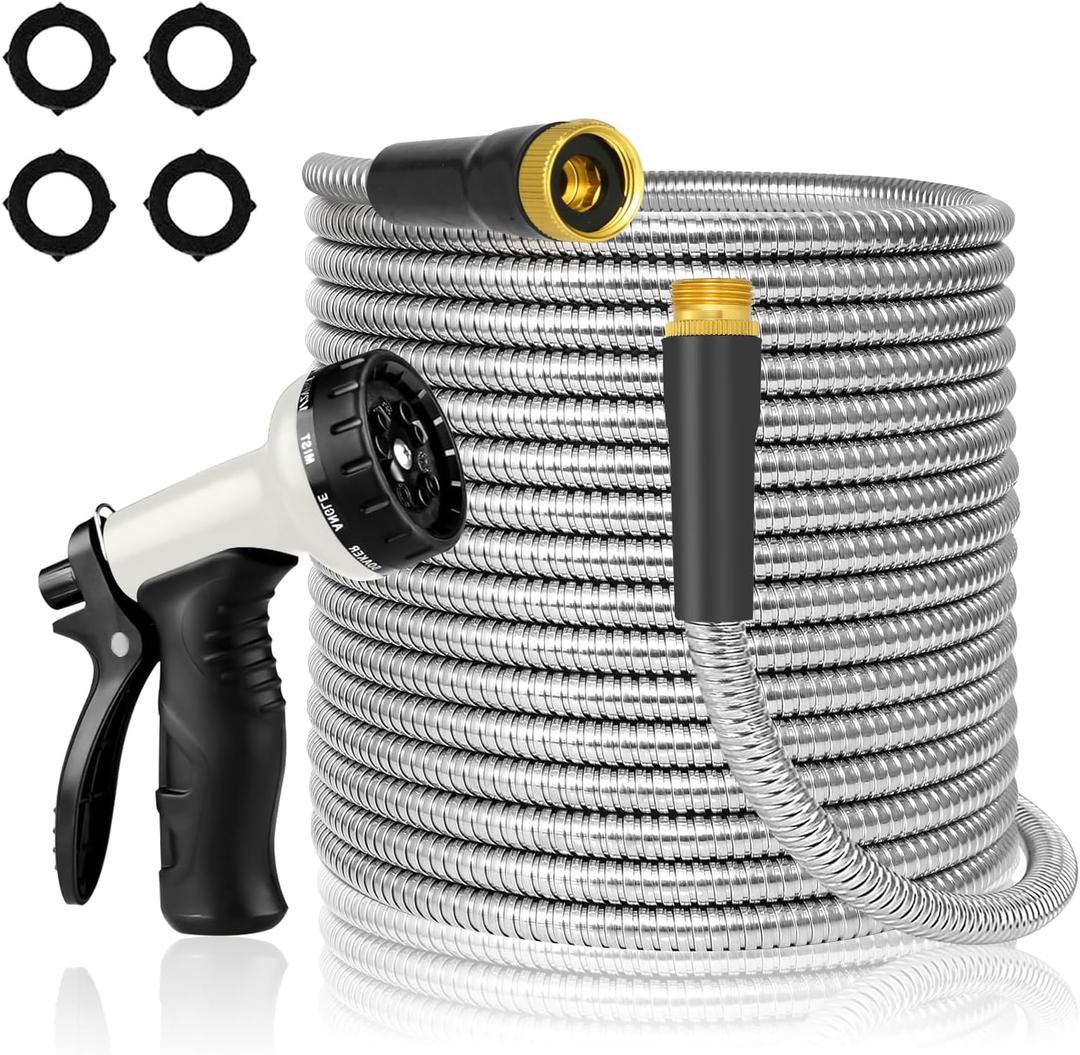 25 FT Garden Hose with 10 Functions Adjustable Spray Nozzle, Heavy-Duty Metal Garden Hose Flexible Kink Free Dog Proof Stainless Metal Garden for Yard Lawn
