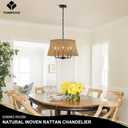 Hand-Woven Rattan Chandelier Vintage Farmhouse Boho Bamboo Chandeliers Light Fixture Retro Drum Wicker Rattan Black Chandelier for Dining Room, Kitchen, Living Room