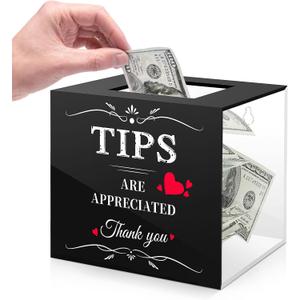 MoKo Tips Jar for Money, 6 4 5 Inch Acrylic Tip Box, Wall-Mounted Raffle Cash Donation Suggestion Box, Money Storage Container for Bartender Bars Restaurants Musicians Bartender, Black&Clear