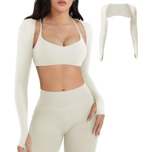 YEOREO Women Crop Top Long Sleeve Bolero Open Front Workout Cropped Shirts Sports Shrug (Small, Cream)