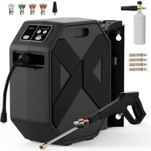 Wall Mounted PowerWasher, 100FT Retractable Hose, Foam Cannon & 5 Quick Connect Nozzles