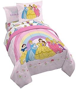 Jay Franco Disney Princess Rainbow 5 Piece Twin Bed Set - Includes Comforter & Sheet Set - Bedding Features Aurora, Belle, & Cinderella - Super Soft Fade Resistant Microfiber