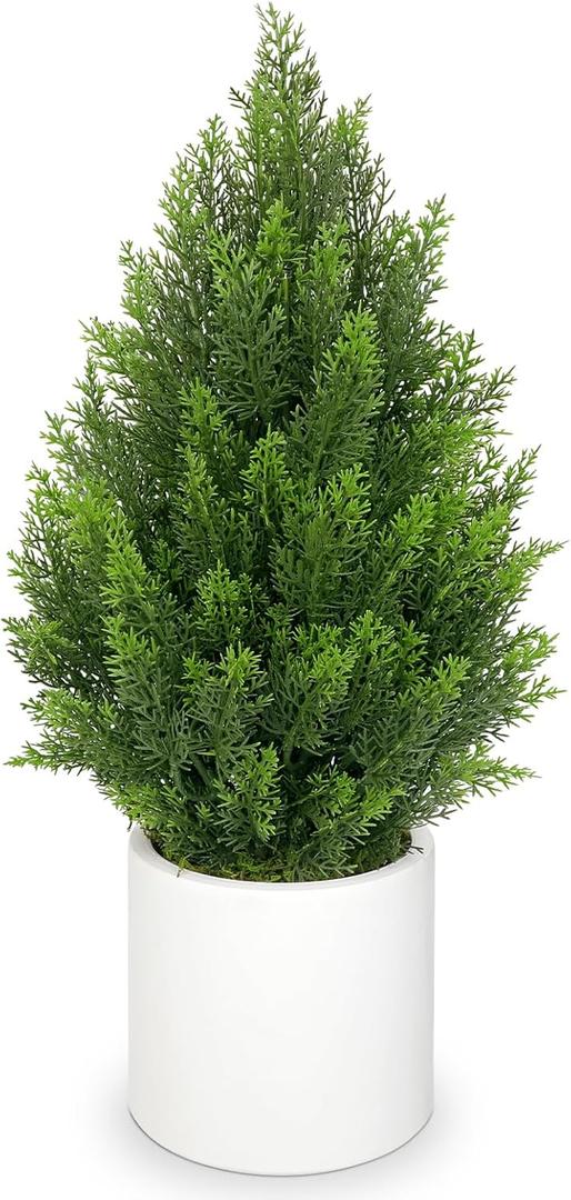 Briful 27 Artificial Cedar Topiary Tree in White Planter  Realistic Faux Evergreen Floor Plant with Layered Leaves, Decorative Indoor Outdoor Potted Shrub for Home, Office, Patio, Porch (2ft 3in)