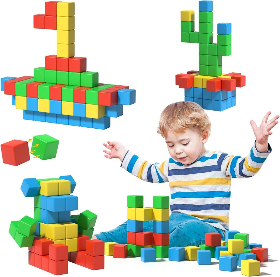Magnetic Blocks Large, 56PCS 1.34in Magnetic Building Blocks, 3D Magnetic Cubes for Toddlers, Preschool Educational Construction Kit, Sensory Montessori Toys Kids Blocks for Boys Girls Toddlers