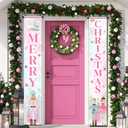 Nut-cracker Christmas Porch Sign Banner Decoration,Merry Christmas Supplies Pink Christmas Nut-cracker Door Hanging Banner for 2023 Winter Xmas Front Door Welcome Decoration