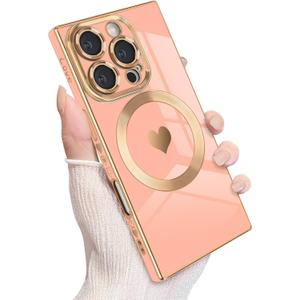4 x for iPhone 16 Pro Magnetic Case, Luxury Cute Love Heart Plating Edge Case for Women Girls Men Soft TPU Anti-Scratch Bumper Shockproof Protective Slim Cover for iPhone 16 Pro-Pink