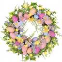 Pastel Easter Wreath for Front Door with Lights, 18 Inch Spring Floral Wreath with Colorful Eggs, Daisy & Eucalyptus Greenery, Farmhouse Easter Door Decor