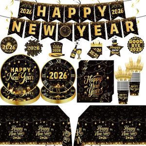 110pcs New Years Eve Party Supplies Decorations 2026 Tableware Set for 20 Guest Include Happy New Year Banner,Paper Plates of 2 Size,Paper Napkins and Cups,Plastic Forks and Tablecloth,Hanging Swirls