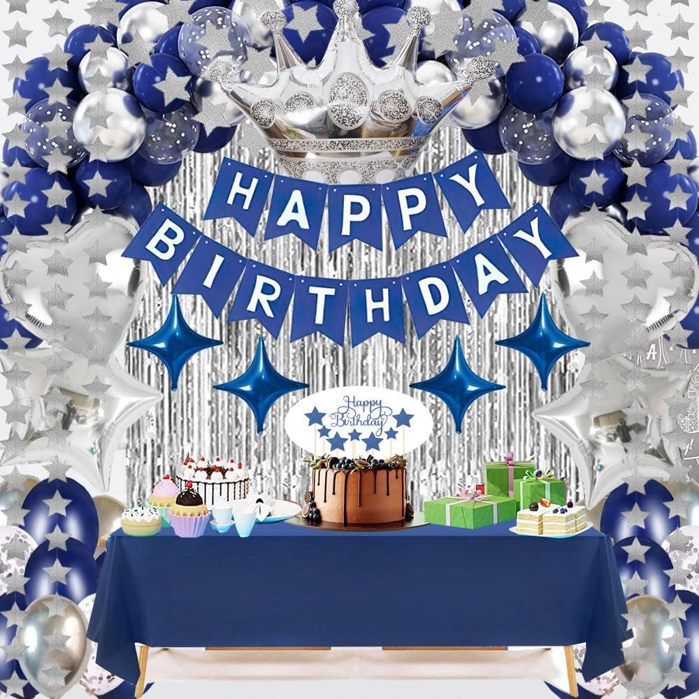 Navy Blue Happy Birthday Party Decorations Set for Men Women , Banner, Star Garland ,Crown Balloon ,Fringe Curtains, Cake Toppertablecloth for 16th 18th 21st 25th 30th 40th 50th Party Supplies