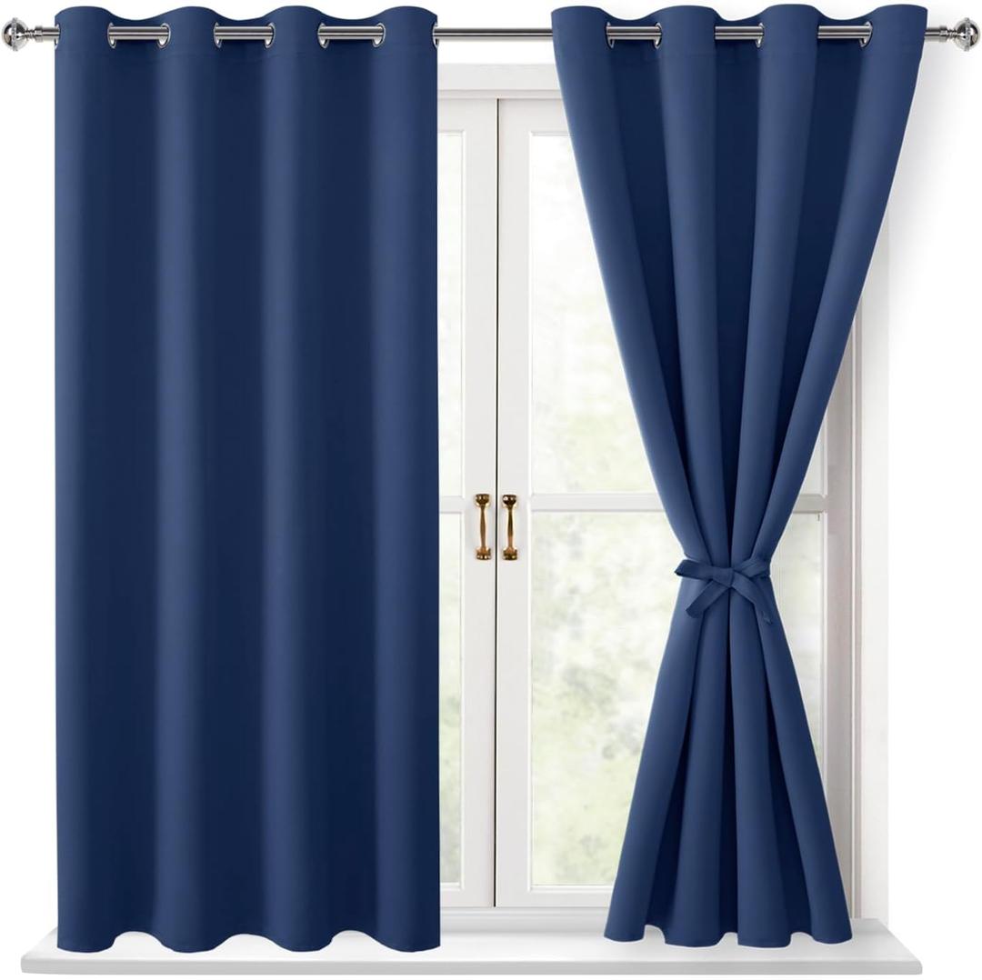 Hiasan Blackout Curtains for Bedroom, 52 x 54 Inches Long - Thermal Insulated & Energy Saving Window Curtains for Living Room, 2 Drape Panels Sewn with Tiebacks, Navy