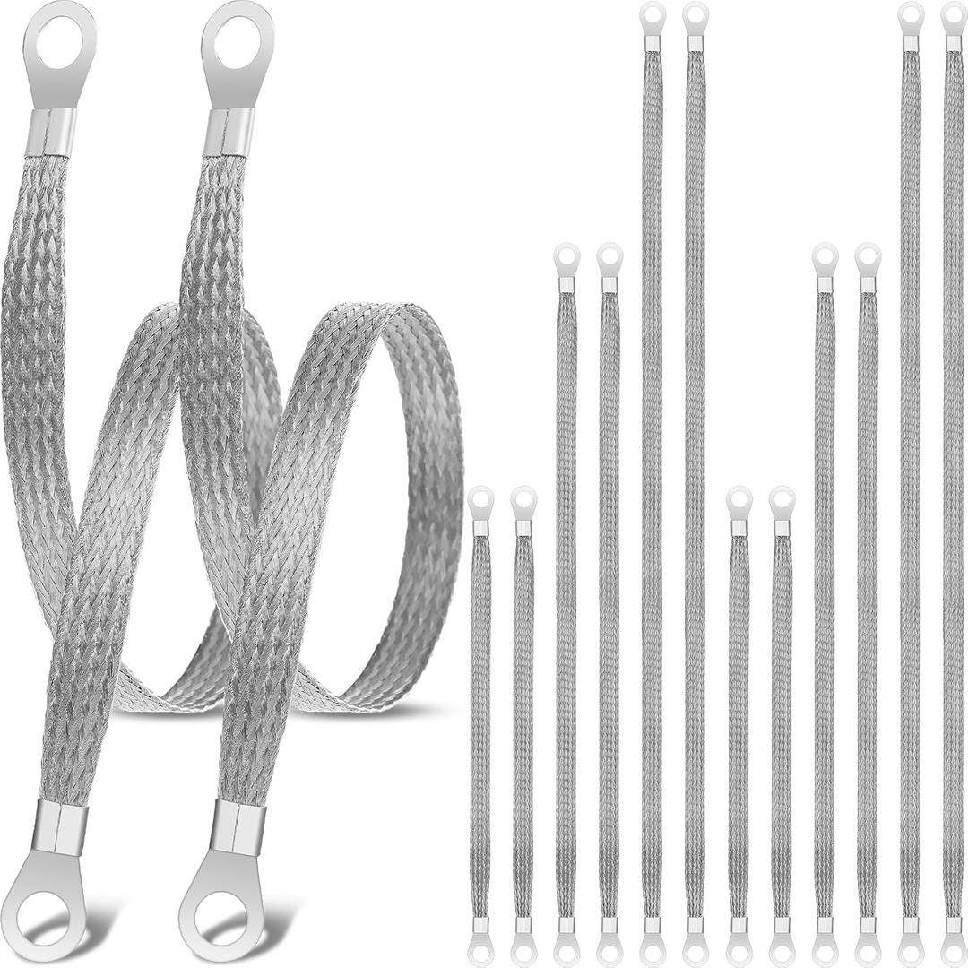 Kingdder 12 Pcs Ground Straps, 10/15/20 Inch Engine Universal Automotive Grounding Cable Straps Kit with Ring Terminals Flat Braided Copper Tinned Copper Ground Wire for Most Cars(Silver)