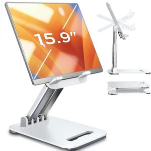 LISEN Tablet Stand for iPad Stand Holder Desk, Foldable Home Office Desk Accessories Travel for iPad Holder Dorm College Essentials Portable Monitor Stand Fits Tabs Kindle iPhone 4-15.9" Black (White)