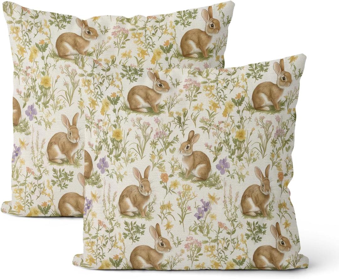 Spring Throw Pillow Covers 18x18 Inch 2 Pcs Easter Sage Green Rabbit Bunny Floral Decor Pillow Covers Flower Holiday Outdoor Decorative Pillowcase Linen Cushion Cover for Couch Sofa