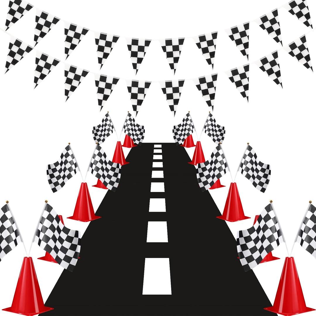 Skylety Traffic Cones and Racing Checkered Flags Set-include 12 Plastic Traffic Cones,12 Flags with Sticks,31 ft Checkered Pennant Banner and 9.8 x 2 ft Racetrack Floor Running Mat