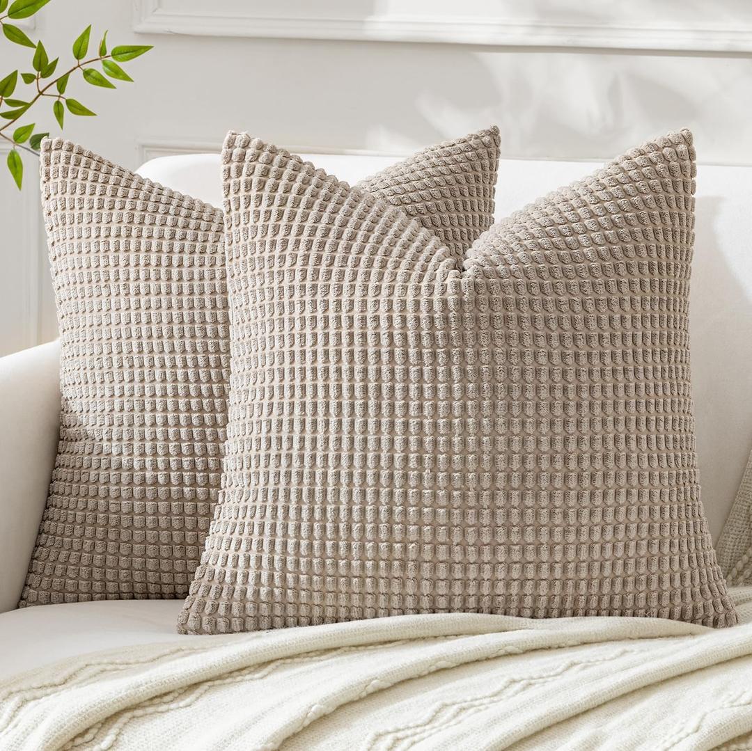 MIULEE Pack of 2 Pillow Covers 18 x 18 Granules Soft Corduroy Decorative Throw Pillow Covers for Couch Cushion Sofa Bedroom Living Room, Tan