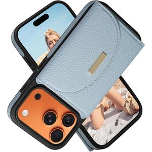 Keallce Wallet Case for iPhone 17 Pro 6.3'', Flip Case with RFID Blocking Card Holder Slots Kickstand, PU Leather Protective Folio Cover for Women, Blue