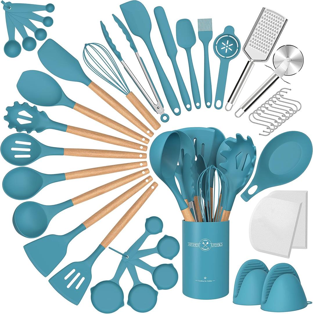 Silicone Cooking Utensils Set, 43Pcs Non-Stick Heat Resistant Kitchen Utensils Spatula Set with Wooden Handle for Baking, Cooking, and Mixing, Best Kitchen Gadgets Tools with Holder (Dark Blue)