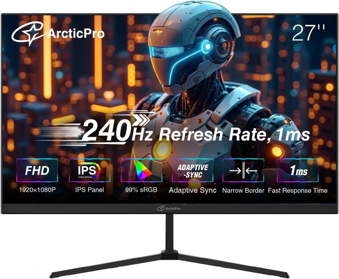 ArcticPro 27 inch Gaming Monitor 240Hz, FHD 1080p, IPS Panel, 1ms Response Time, Adaptive sync, PC Computer Monitor, 3-Sided Frameless, Ultra Slim, 120% sRGB, Bluelight Filter, HDMI & DP Ports,Black