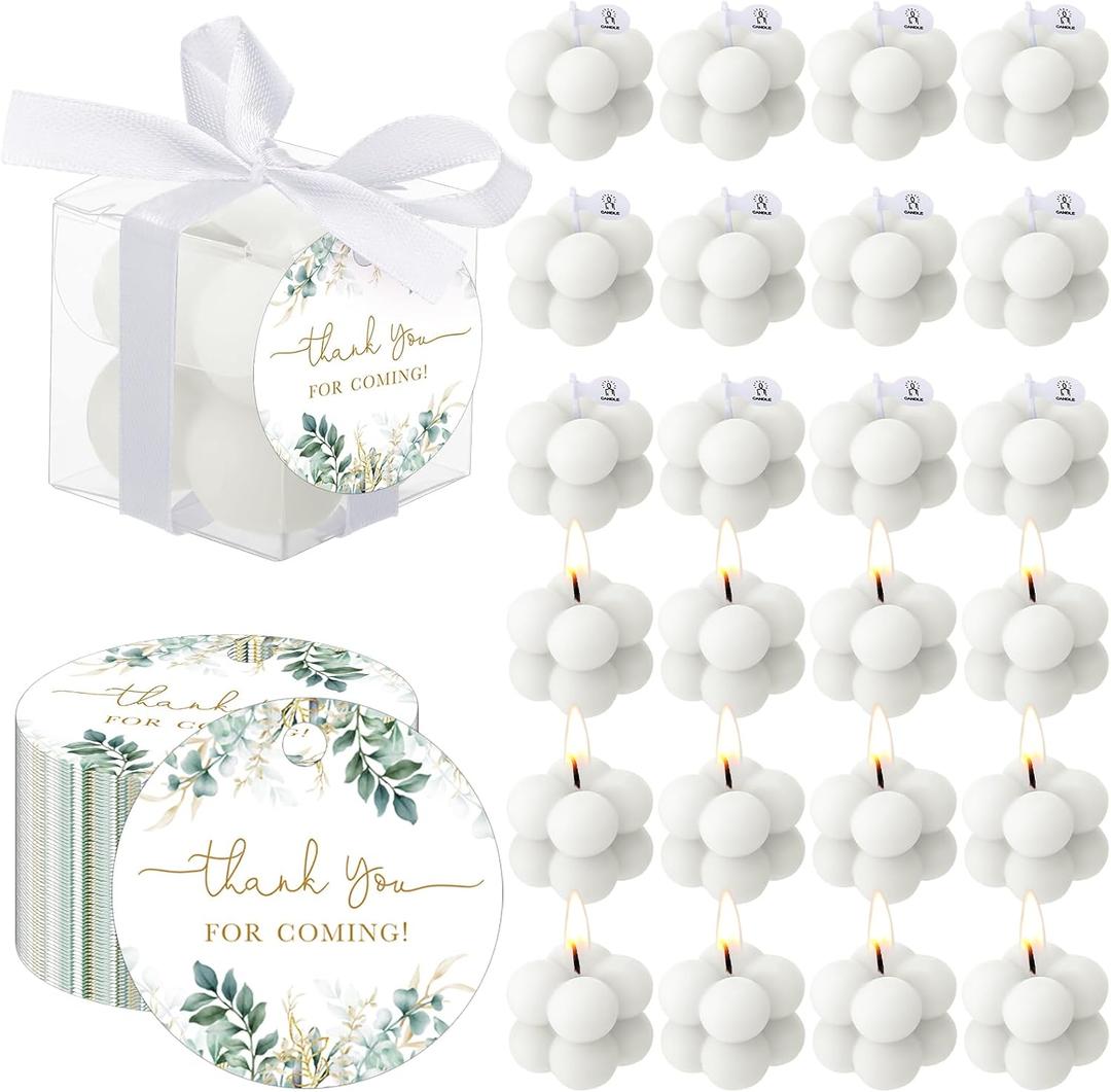 MTLEE 24 Sets Greenery Wedding Favors Party Candle Small Bubble Candle Favors for Guests Tea Candles Bulk with Stylish Ribbons Cards Gifts for Bridal Shower(White, Leaves)