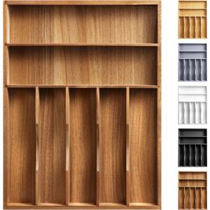 Kitchen Acacia Silverware Organizer - Extra Deep Grooved Drawer Divider, 7 Slot Utensil Organizer