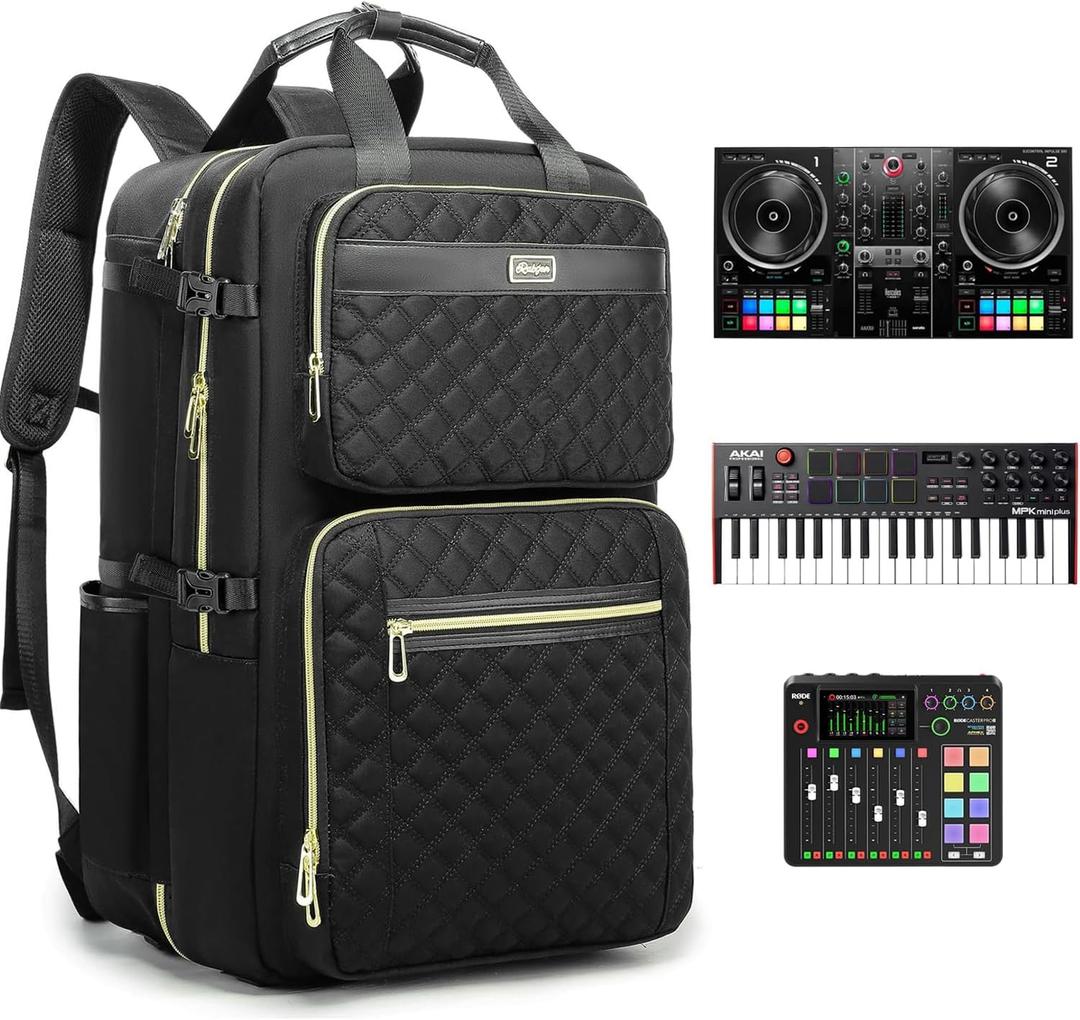 Rabjen DJ Backpack for Club Gigs, DJ Mixer Case Compatible with Pioneer DJ DDJ-REV1, DJ Controller, Novation Launchkey 37 Key Keyboard and More Equipment (light black)