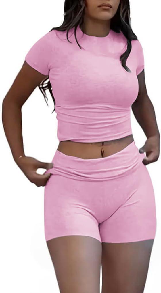 ZFLM Casual Workout Two Piece Outfits for Women Short Sleeve Crop High Waist Foldover Shorts Tracksuit Sets Streetwear (Small)