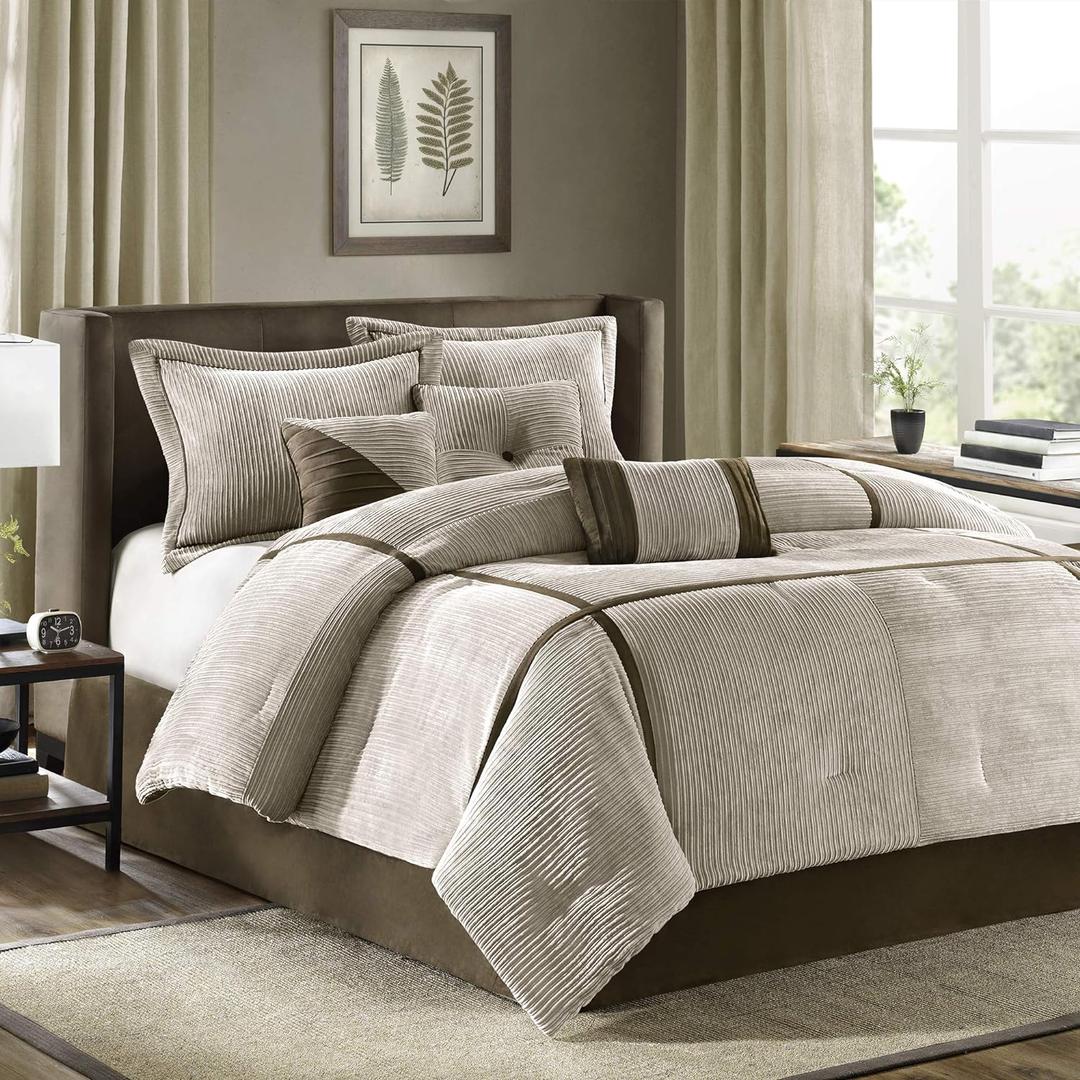 Madison Park Cozy Comforter Set Casual Blocks Design All Season, Matching Bed Skirt, Decorative Pillows, Queen(90"x90"), Dallas Corduroy, Taupe Brown, 7 Piece