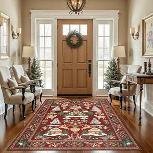 jinchan Round Christmas Rug for Living Room 5ft Circle Holiday Rug for Bedroom Printed Christmas Tree and Cabin 5'Winter Xmas Decor Washable Indoor Carpet for Dining Room Foyer Non-Slip Cabin Tails Maroon