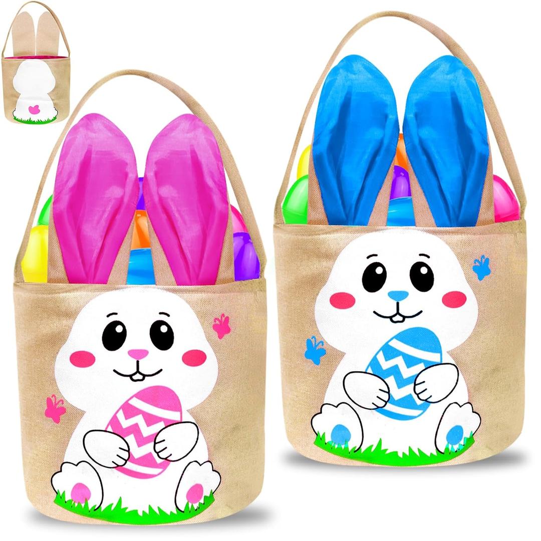 2 Pack Easter Baskets for Kids, Personalized Canvas Easter Bunny Baskets Bucket Tote, Easter Gifts Bags for Girls & Boys Spring Party Favors, Classroom Prizes, Home Decor Toys (Multicolor)