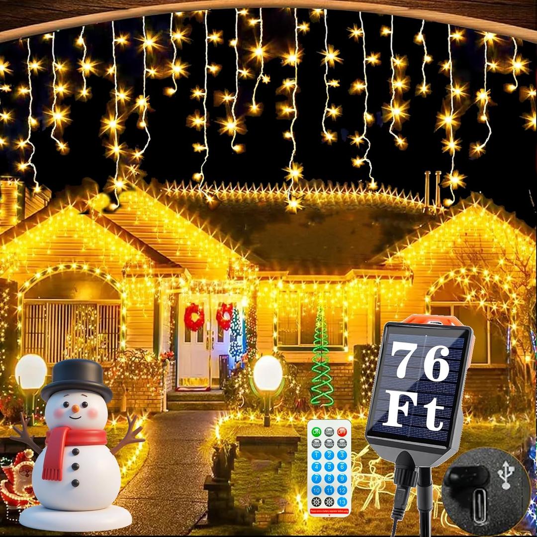 Upgraded 640LED Solar Christmas Icicle Lights Outdoor Waterproof,60+16FT 13 Modes & USB Rechargeable Solar Powered Icicle Light for Roof House Yard Christmas Outdoor Decoration (Warm White)