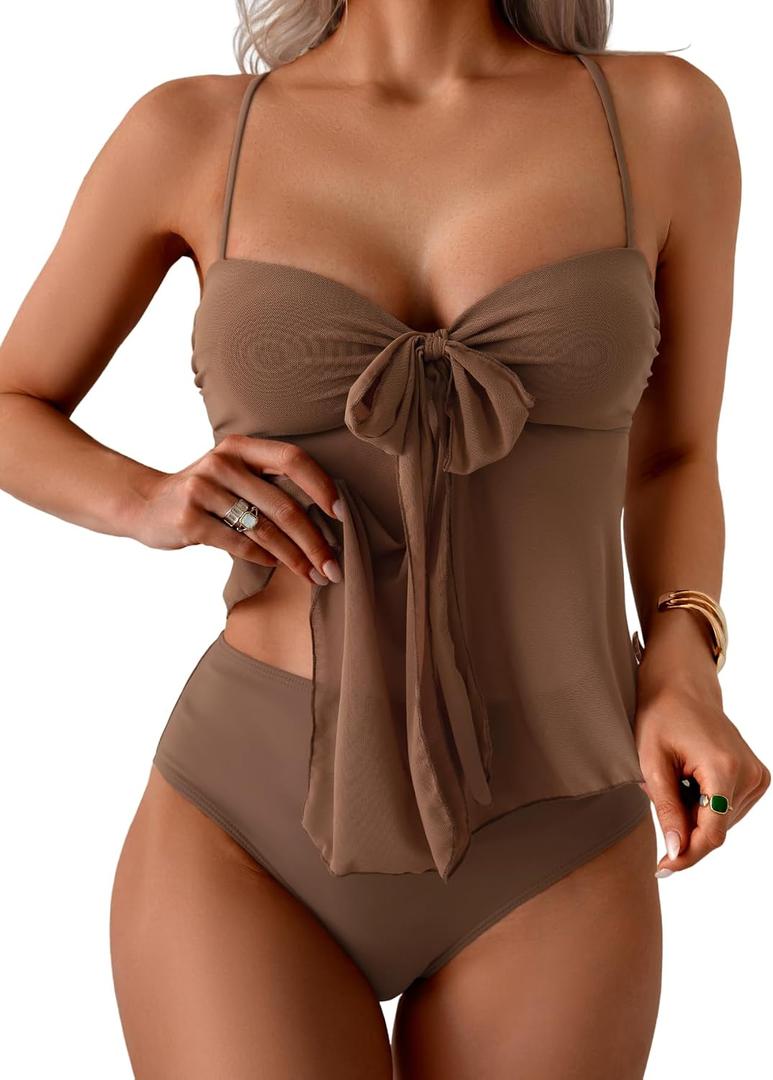 B2prity Tankini Swimsuits for Women, Tummy Control Flowy Mesh Tops, High Waisted Bottoms, Coquette 2 Piece Bathing Suits, Size Small
