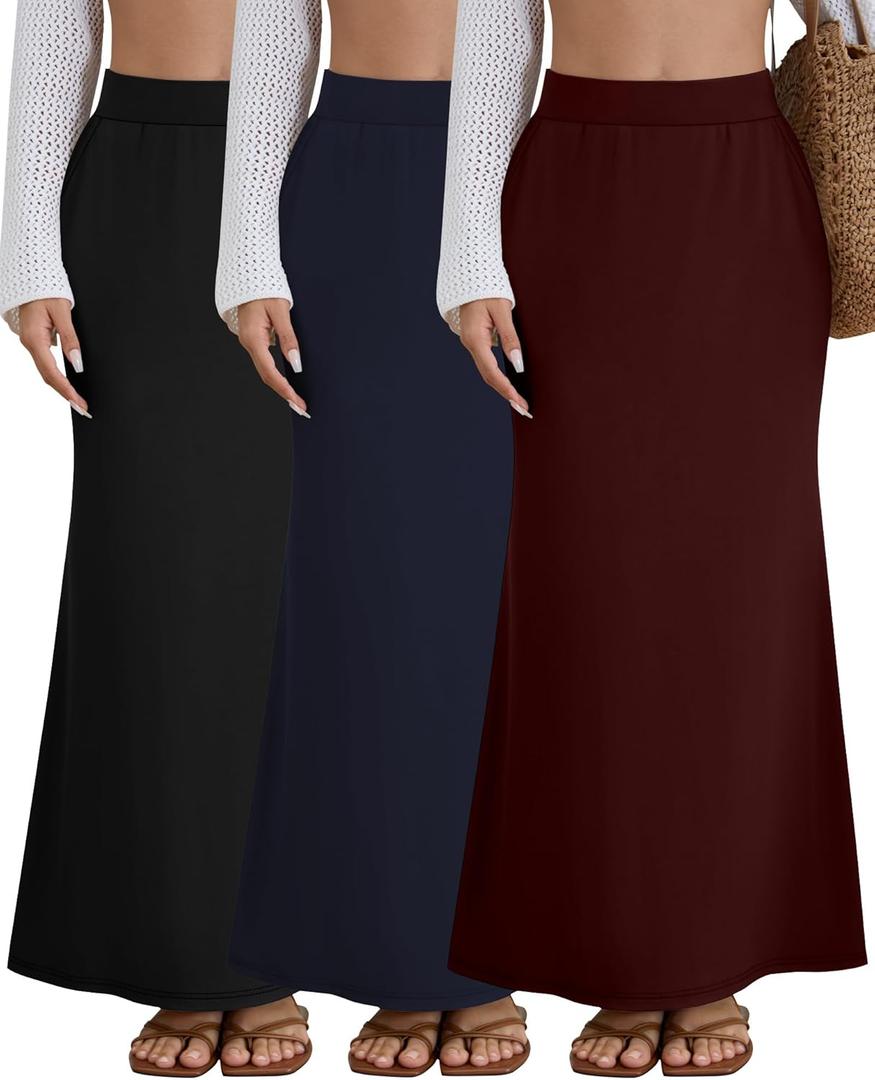 Riyiper 3 Pack Women's Maxi Skirts with Pockets Flowy Elastic High Waist Ankle Length Cotton Long Comfy Casual Dress Fall(Black, Navy Blue, Wine, X-Large)