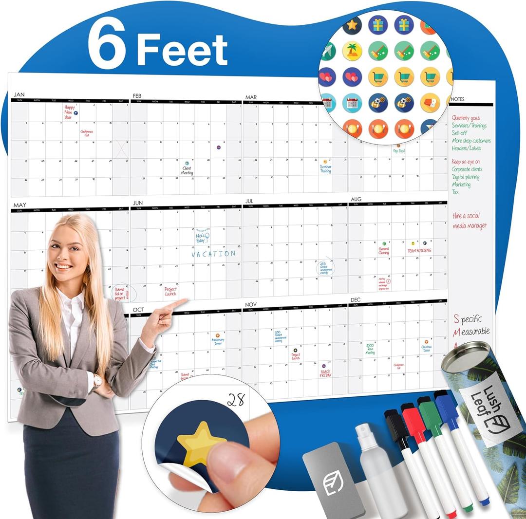 Dry Erase Calendar for Wall, 48"x74" - Undated, Reusable, Yearly - Large Whiteboard For School, Classroom & Office, Includes Markers, Eraser & Accessories