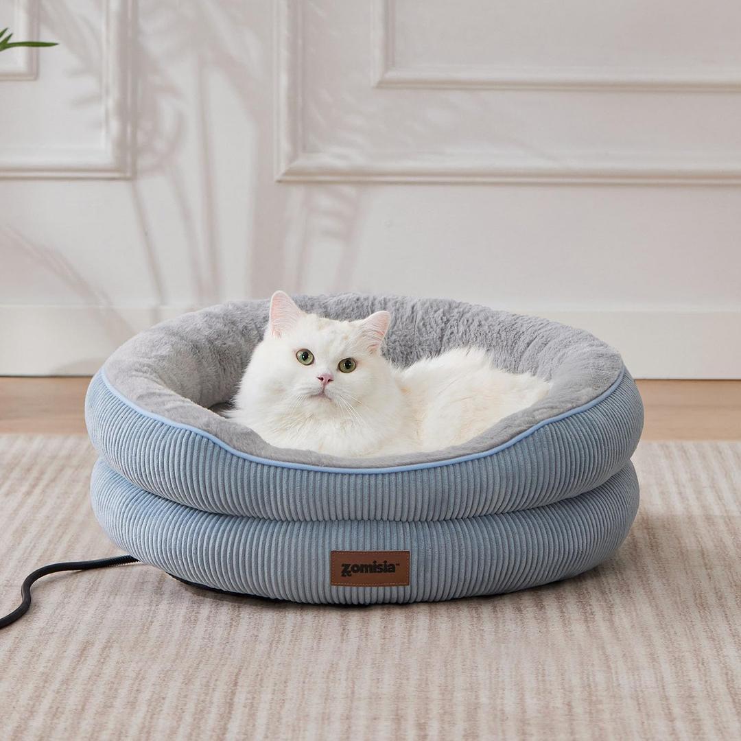 Cat Heating Bed Indoor - Adiustable Temperature Pet Heating Pad with Timer and Chew Resistant Cord, Washable Puppy Bed with Non-Slip Bottom, 21" x 21" x 8", Blue