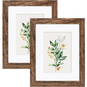 Hongkee 8x10 Picture Frame Set of 2, Made of Real Glass and Rustic Brown Wooden Frame - Display Picture 5x7 with Mat or 8x10 Without Mat, 8 by 10 Photo for Wall or Tabletop