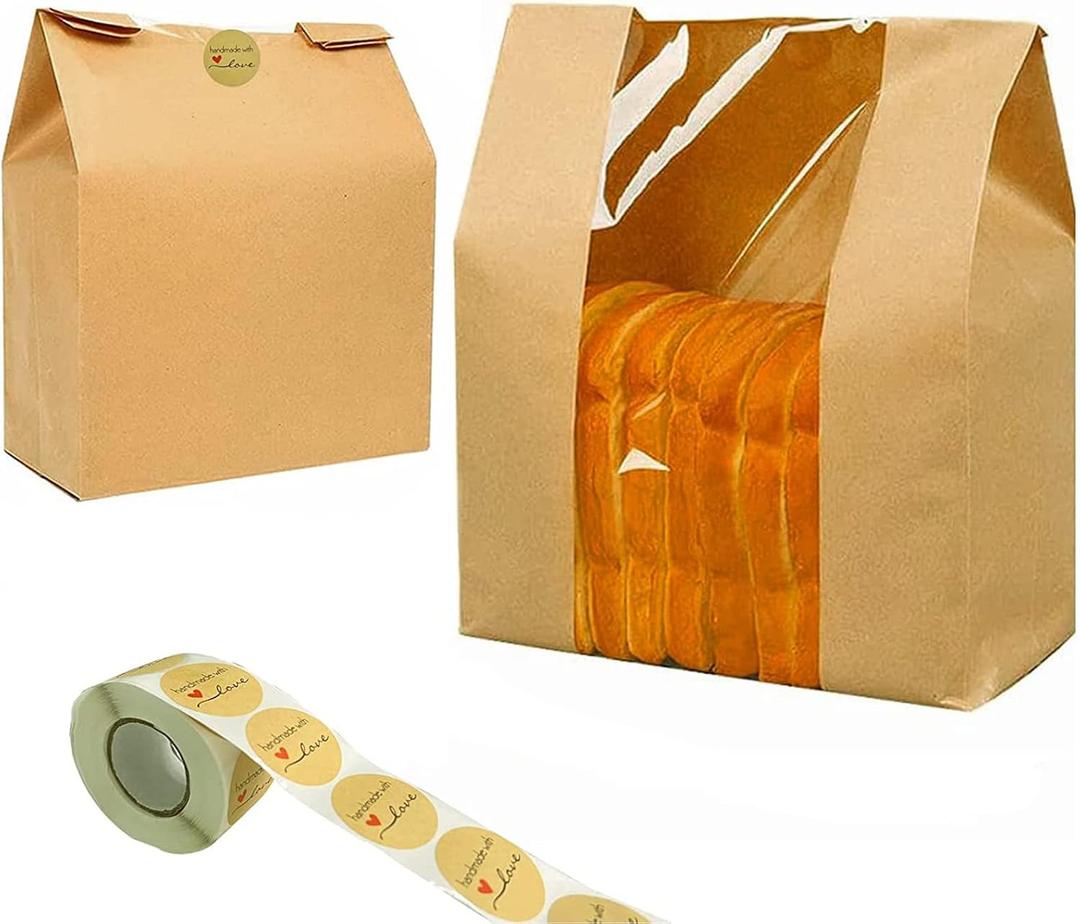 NOONEAST 100 Pack Paper Bread Bags for Homemade Bread Large Loaf Bag with Clear Front Window 14" x 8.3" x 3.5" 500pcs Homemade with Love sticker, Food Packaging Storage Popcorn Cookie Treat Bakery Bag