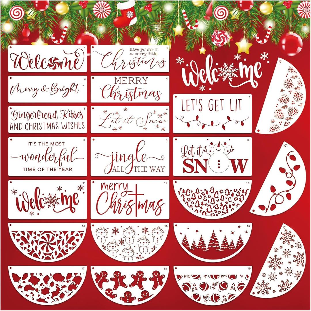 4 x Christmas Doormat Stencils Reusable Holiday Welcome Let It Snow Stencil Templates Large Half Round Drawing Stencils for Painting on Wood Signs Door Hanger Door Mats DIY Crafts Decor(mat22)