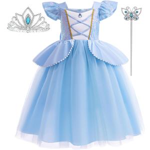 Princess Dresses for Girls Little Kids Blue Princess Costume Cosplay Outfit Birthday Halloween Prom Party Dress Up (3-4 Years)