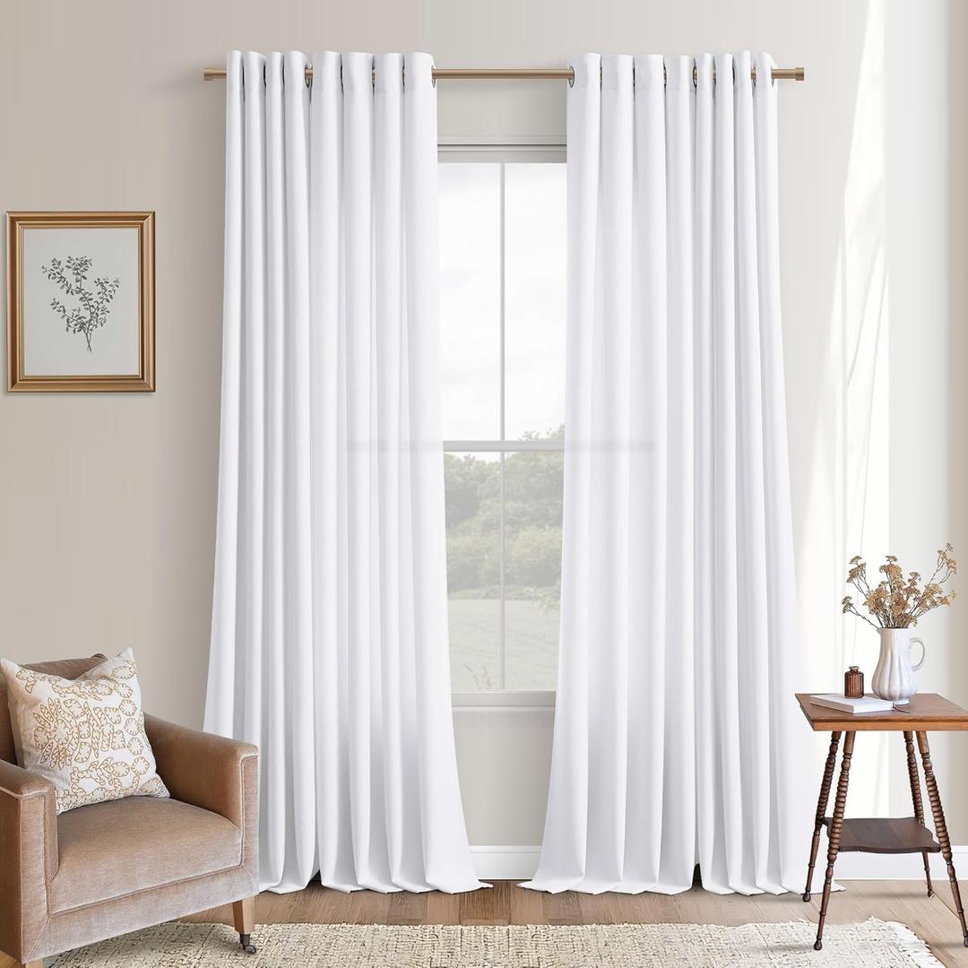 Grommet Linen White Long Curtains 90 Inches Long for Living Room 2 Panels Set Light Filtering Neutral Modern Farmhouse Boho Non-See-Through 90 Inches Length 8 ft Window Curtain for Sliding Door Patio